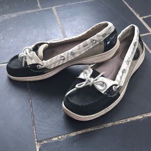 Sperry Black white and silver boat shoes. 7.5